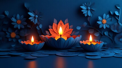 Poster - Vibrant Diwali stock images featuring paper cut style lamps adorned candles surrounded by decorative motifs creating a joyful atmosphere with ample space for text