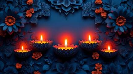 Poster - Vibrant Diwali stock images featuring paper cut style lamps adorned candles surrounded by decorative motifs creating a joyful atmosphere with ample space for text