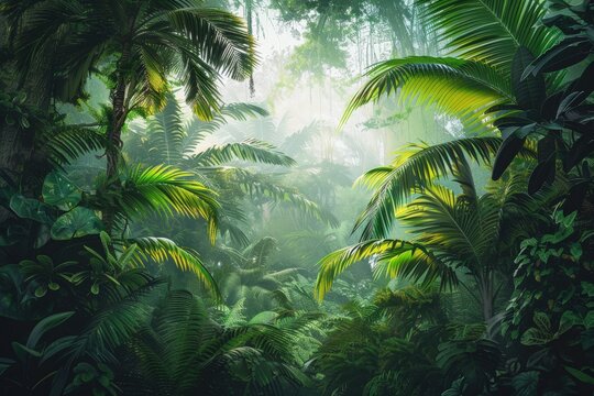 a lush green jungle with tall trees and a thick canopy of leaves, generative ai image