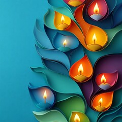 Fototapete - Whimsical Happy Diwali background an array of colorful paper cut lamps and candles creating a festive and joyful ambiance designed with ample space for text