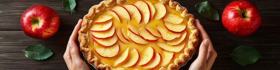 Wide header with Woman holding a delicious homemade apple pie with fresh red apple slices on top, surrounded by ripe apples and leaves on a rustic wooden table; handcrafted sweet