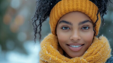 Wall Mural - A woman with curly hair and a yellow scarf is smiling