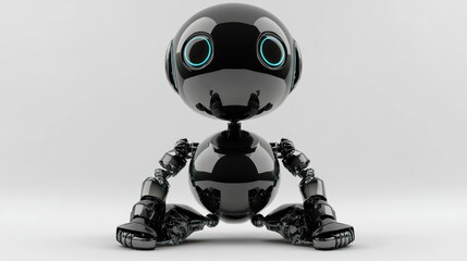 Black Robotic Figure with Glowing Blue Eyes Sitting on a White Background