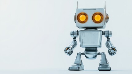 Poster - A Silver Robot With Glowing Yellow Eyes Stands on a White Background