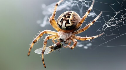 Close-up of a spider on a web capturing and feeding on a fly, with detailed view of its legs and body pattern against a blurred background.
