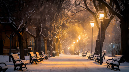 Wall Mural - Serene winter park pathway lined with benches and glowing street lamps, covered in fresh snow, creating a peaceful ambiance.