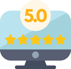 Poster - desktop computer displaying five yellow stars rating and number 5.0, concept of online feedback