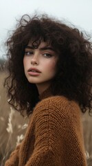 Poster - A woman with curly hair is wearing a brown sweater and posing for a photo