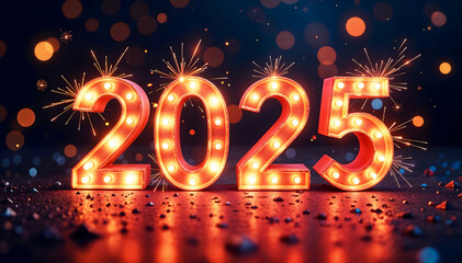 2025 New Year Background. Large vibrant numbers with glowing lights on a dark background. Happy new year, festive atmosphere.