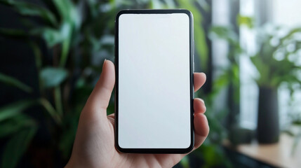 A person is holding a cell phone with a white screen