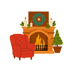 Cozy interior with Christmas tree and fireplace. Warm winter evening. Room with fireplace, red armchair and a Christmas wreath. 