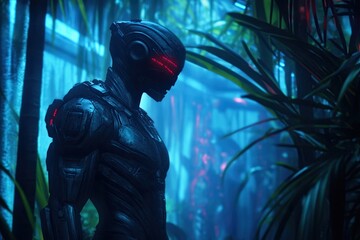 Poster - A Futuristic Humanoid Robot Stands in a Vibrant Neon-Lit Jungle at Night