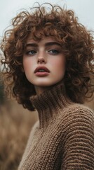 Sticker - A woman with curly hair is wearing a brown sweater and looking at the camera