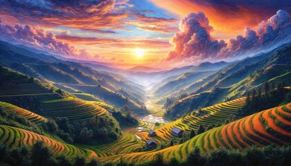 Wall Mural - oil painting. harvest season in mu cang chai rice terraces, northern vietnam, south east asia under 