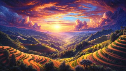 Wall Mural - oil painting. harvest season in mu cang chai rice terraces, northern vietnam, south east asia under 