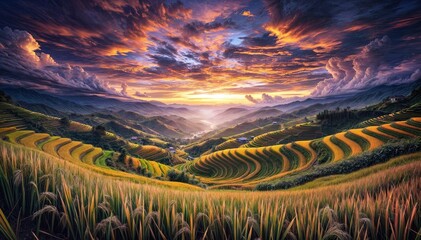 Wall Mural - oil painting. harvest season in mu cang chai rice terraces, northern vietnam, south east asia under 