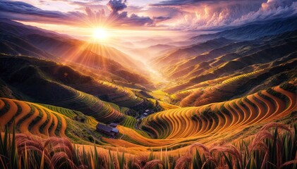 Wall Mural - oil painting. harvest season in mu cang chai rice terraces, northern vietnam, south east asia under 