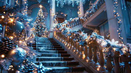 Elegant Christmas decorations with silver and blue accents, draped across a grand staircase, with twinkling fairy lights and frosted pinecones