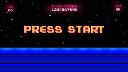 Aufkleber - PRESS START INSERT COIN TO CONTINUE.Retro 8 bit game screen background.	
