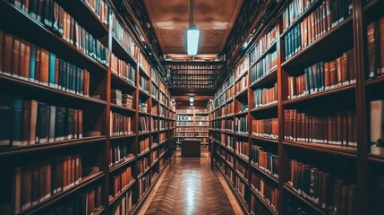 Poster - An expansive library with rows of bookshelves filled with volumes