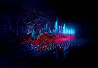 Poster - Abstract digital data visualization with glowing blue and red lines,  showing growth and decline, set on a dark background.