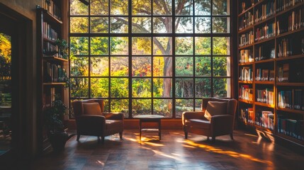 Two armchairs facing a large window with a view of a leafy garden, positioned in a room with bookshelves lining the walls