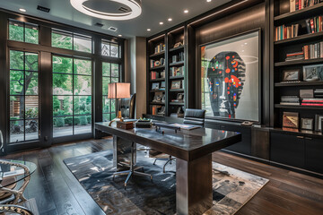 Aufkleber - sophisticated home office interior design with dark wood finishes, a sleek metal desk, and floor-to-