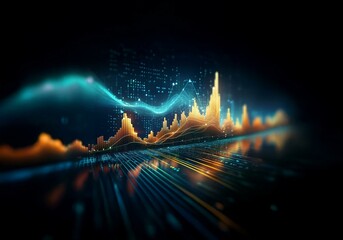 Poster - Abstract digital background of a glowing gold and blue graph on a black background.