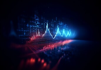 Fototapete - A futuristic glowing blue and red line graph illuminated against a dark background.