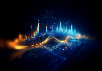 Poster - A dark background with a city skyline formed by abstract blue and orange lights.
