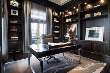 Poster - Sophisticated home office interior design with dark wood finishes, a sleek metal desk, and floor-to-ceiling bookshelves, paired with modern art and natural light.