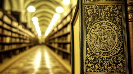 Poster - Ornate Book Cover in a Blurred Library Setting