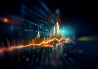 Poster - Abstract digital art with a glowing orange line graph rising through a digital landscape.