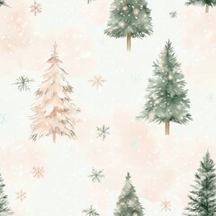 Wall Mural - Watercolor Winter Christmas Tree Seamless Pattern.