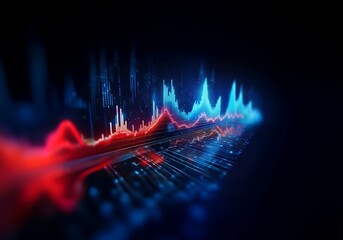 Aufkleber - Abstract digital art depicting fluctuating data lines in a dark space, with red and blue colors.