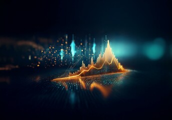 Fototapete - A glowing orange line graph rises against a dark blue background, with a grid of data points and glowing dots.