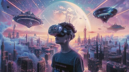 Future city and man with virtual reality headset.