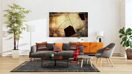 Wall Mural - Large luxury modern bright interiors Living room mockup illustration 3D rendering image