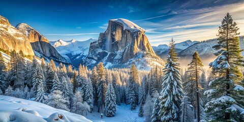 Breathtaking winter view of Half Dome in Yosemite Valley, showcasing the majestic mountain landscape, perfect for photography enthusiasts and nature lovers alike.