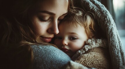 A serene portrait of a mother holding her newborn, captured from a close angle that focuses on their connection. The soft light creates a warm ambiance, highlighting the tenderness of the moment.