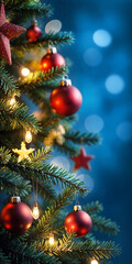 Close-up of a Christmas tree decorated with beautiful ornaments and glowing lights, on a colorful background. A festive christmas atmosphere.