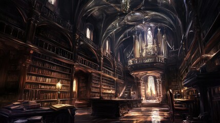 Poster - A Dimly Lit, Ornate Library With High Ceilings and  Bookshelves