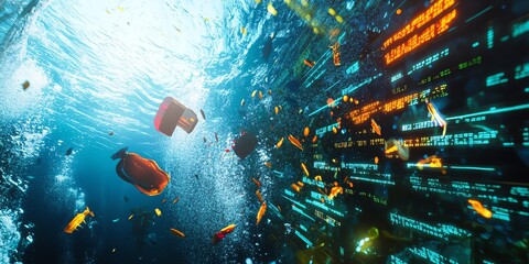 Aerial view of vibrant underwater worlds, glowing financial trends, innovative lighting illuminating stock market dynamics, surreal blend of ocean and finance