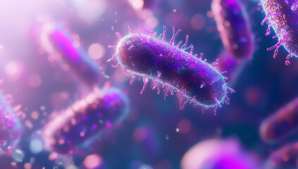 Canvas Print - 3D render of a close-up view of vibrant violet and pink bacteria in the background.