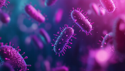 3D render of a close-up view of vibrant violet and pink bacteria in the background.