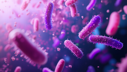 3D render of a close-up view of vibrant violet and pink bacteria in the background.