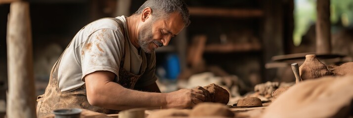 Sticker - An artisan deeply absorbed in shaping clay, showcasing the art of pottery in a rustic workshop environment, symbolizing tradition and craftsmanship.