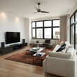 © S - A sleek, modern living room with energy-efficient technology, warm furniture, and abundant natural light.
