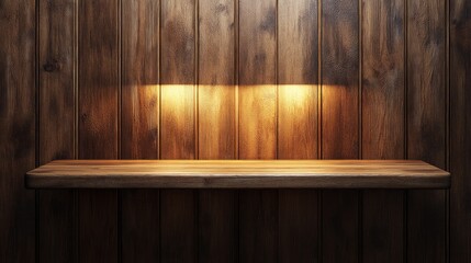 Poster - A wooden shelf with a light shining on it