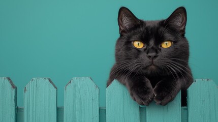 Black Cat Peeking Over Turquoise Fence